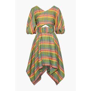 Nicholas NWT Asymmetric Cutout Balloon Sleeve Rainbow Checked Linen Dress size 4